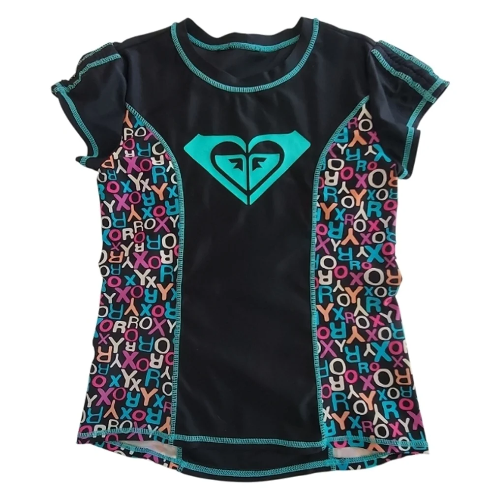 K1015 * Roxy Girls Short Sleeve Rash Guard Black Teal Size Unknown